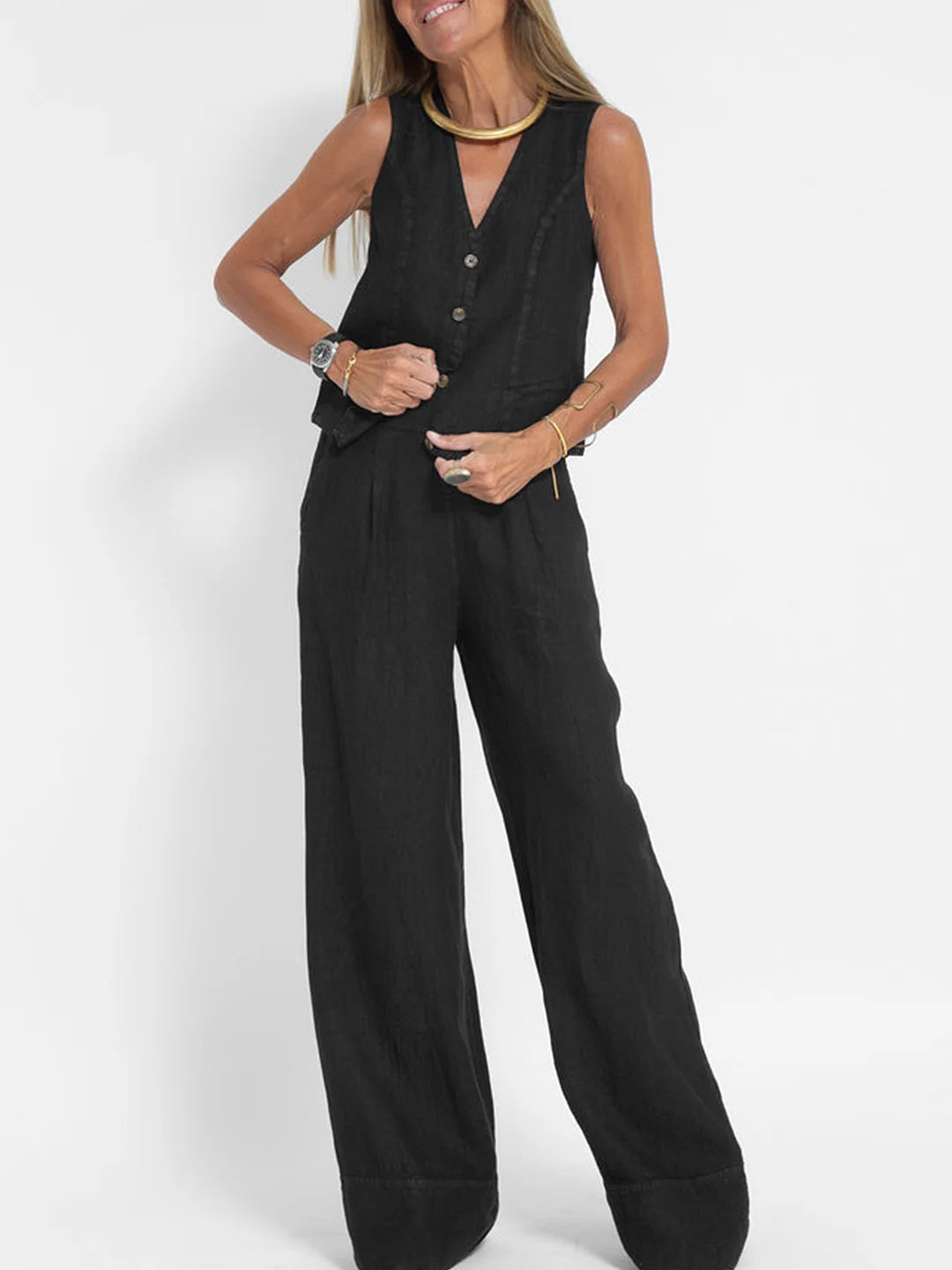 Aaliyah | Buttoned Vest & Wide-Leg Trousers Set