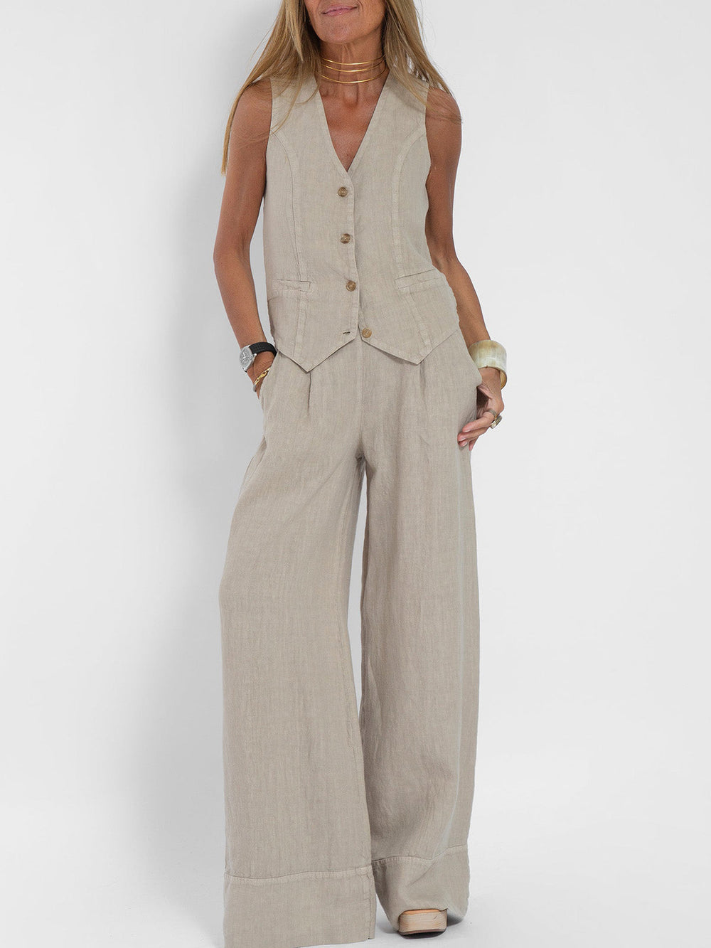 Aaliyah | Buttoned Vest & Wide-Leg Trousers Set