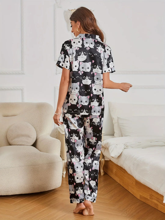 Sylvia | Cartoon Cat Print Pajama Set