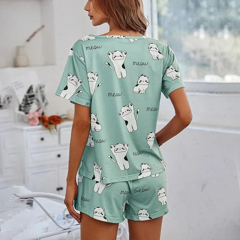 Ruby | Cartoon Cat Print Pajama Set