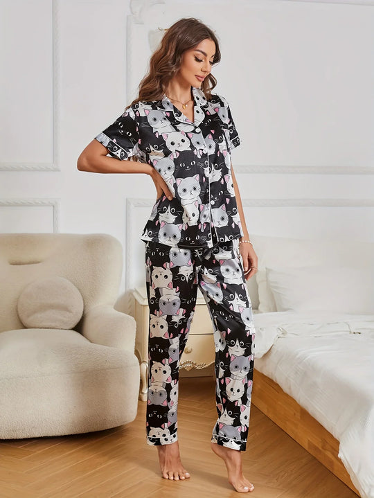 Sylvia | Cartoon Cat Print Pajama Set
