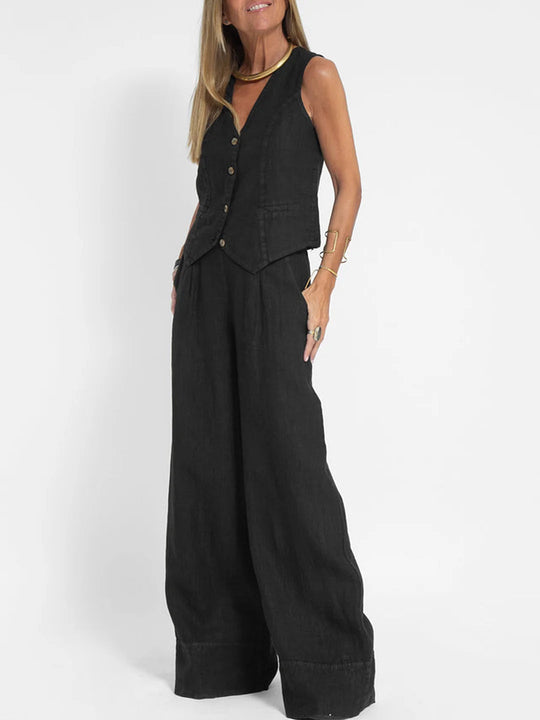 Aaliyah | Buttoned Vest & Wide-Leg Trousers Set